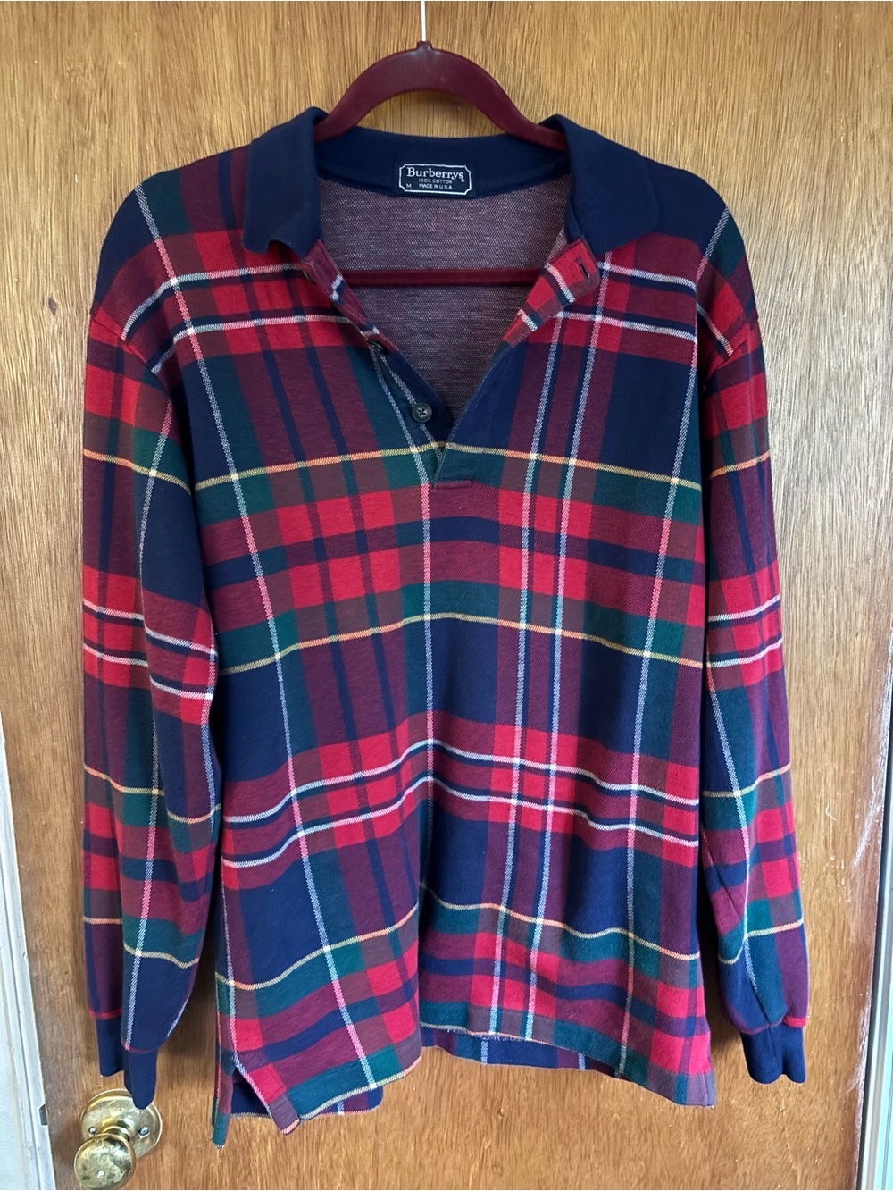 Burberry Navy, Red & Green Plaid Rugby-Style Long Sleeve Shirt